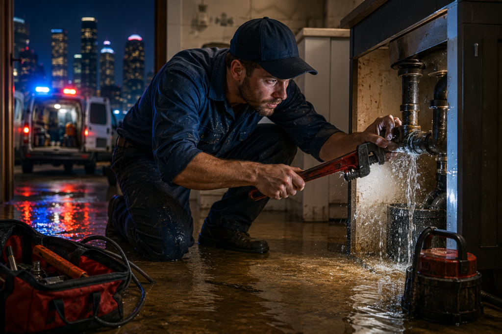 Emergency plumber repairing a burst pipe inside a flooded home at night with tools, leaking water, and a service van visible outside.