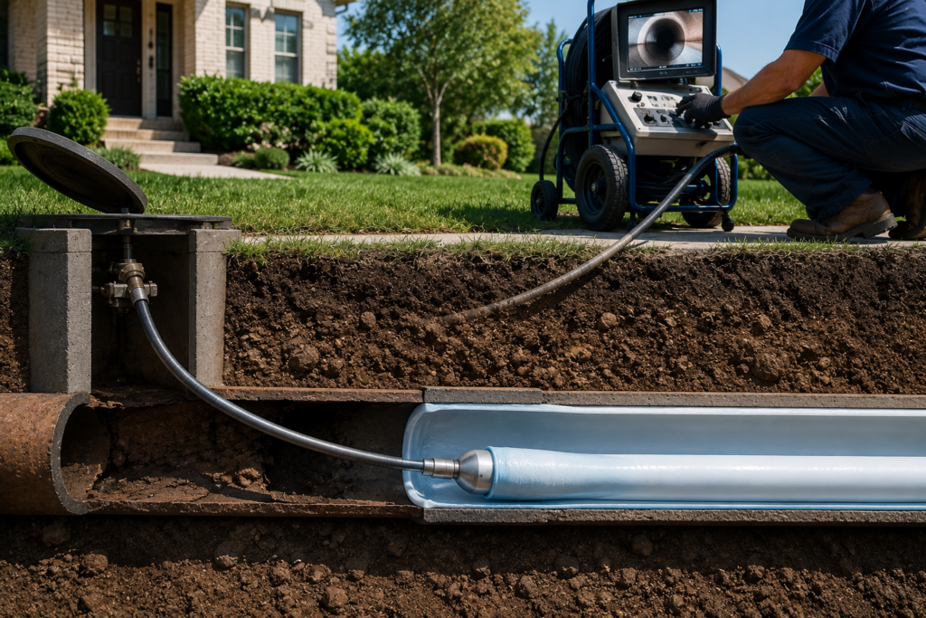 Technician performing trenchless pipe repair beneath a residential yard using pipe lining equipment without digging up the lawn.