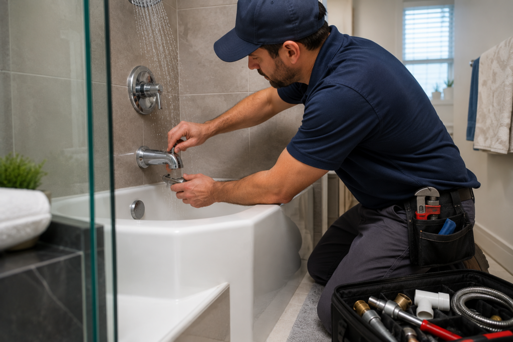 Licensed plumber repairing a bathtub and shower faucet in a modern bathroom with plumbing tools and running water.