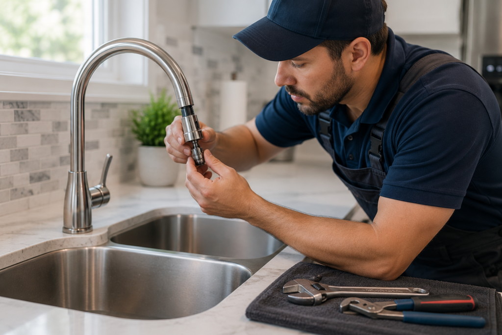 Professional plumber repairing a modern kitchen faucet beside a stainless steel sink with plumbing tools on the countertop.