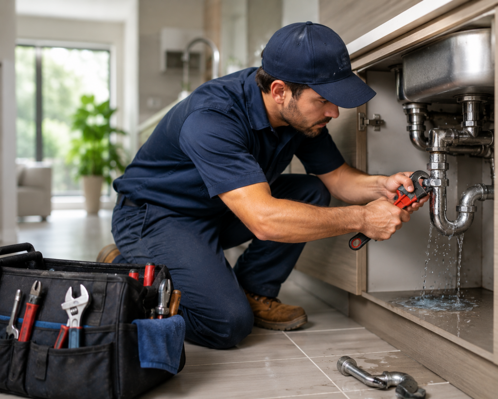 Professional plumber repairing leaking pipes beneath a modern kitchen sink using tools and pipe wrench during residential plumbing service.