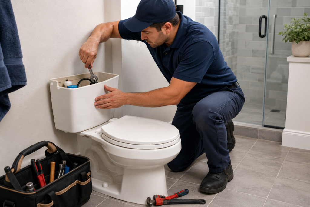 Professional plumber repairing a toilet in a modern bathroom with tools and an open toilet tank visible.