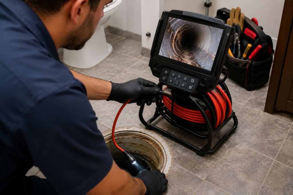 Plumber using a video camera inspection system to examine a drain pipe through a floor access point in a tiled utility room.