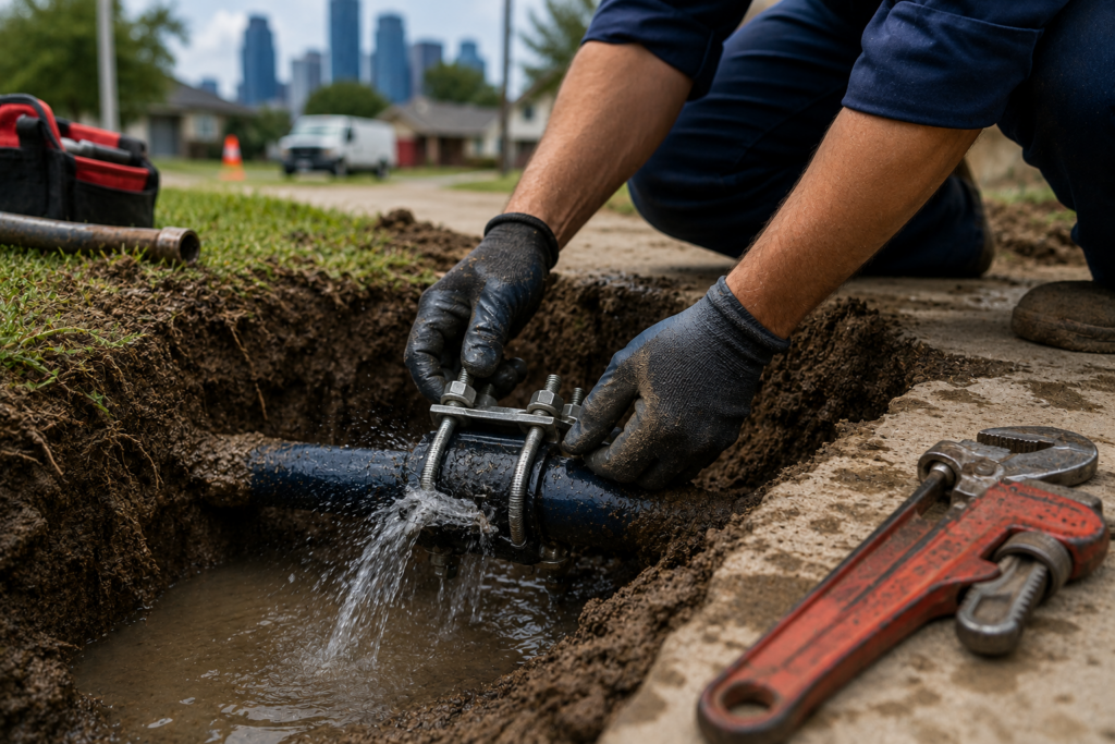 Plumber repairing a leaking underground water line in a residential area with tools beside an open trench and water spraying from the damaged pipe.