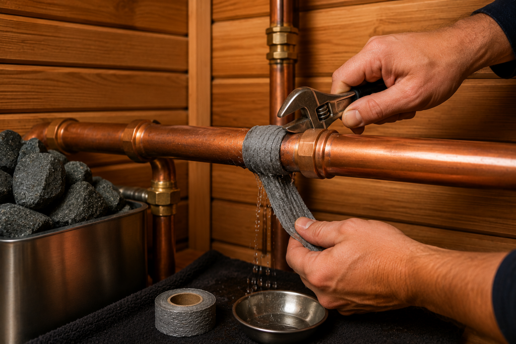 Close-up of hands repairing a leaking copper pipe in a wooden sauna-style room using a wrench and repair tape, with water dripping from the pipe.