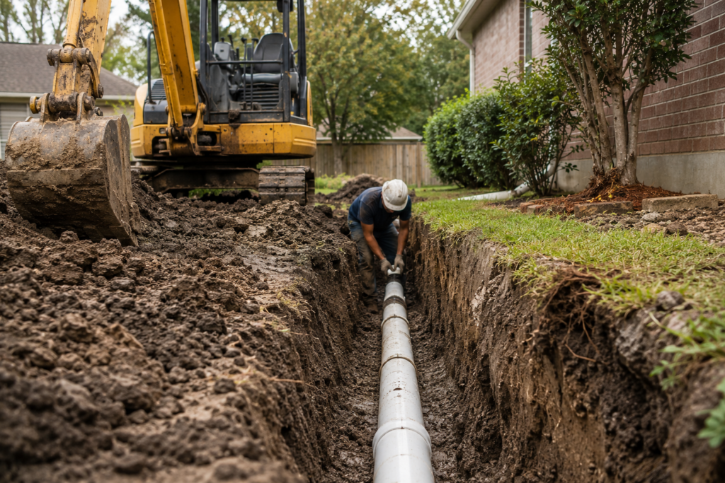 Construction worker installing a new sewer line in a residential yard trench beside an excavator and large underground pipes.