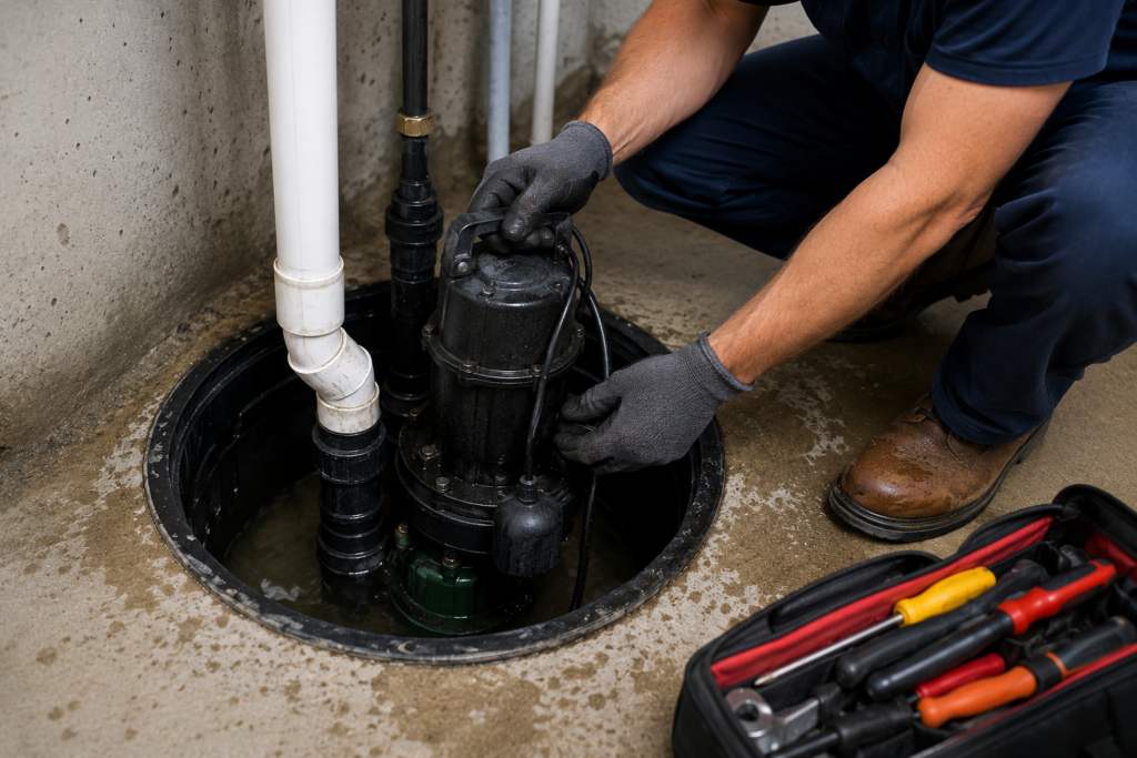 Technician repairing a sump pump in a basement utility area with tools nearby and water inside the pump pit.