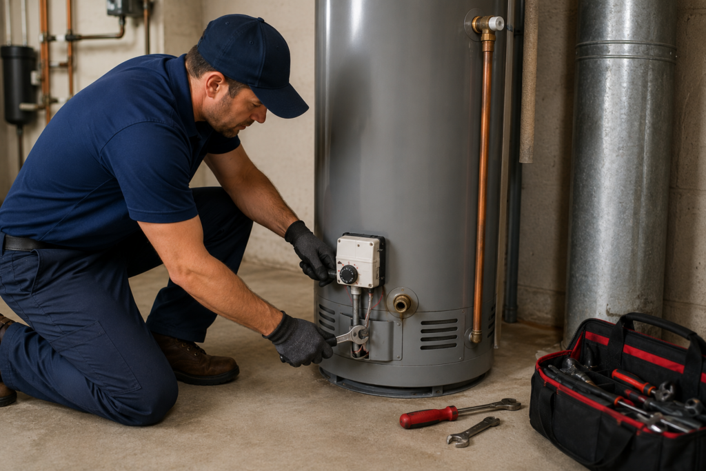 Plumber repairing a residential water heater in a utility room with tools and copper piping visible.