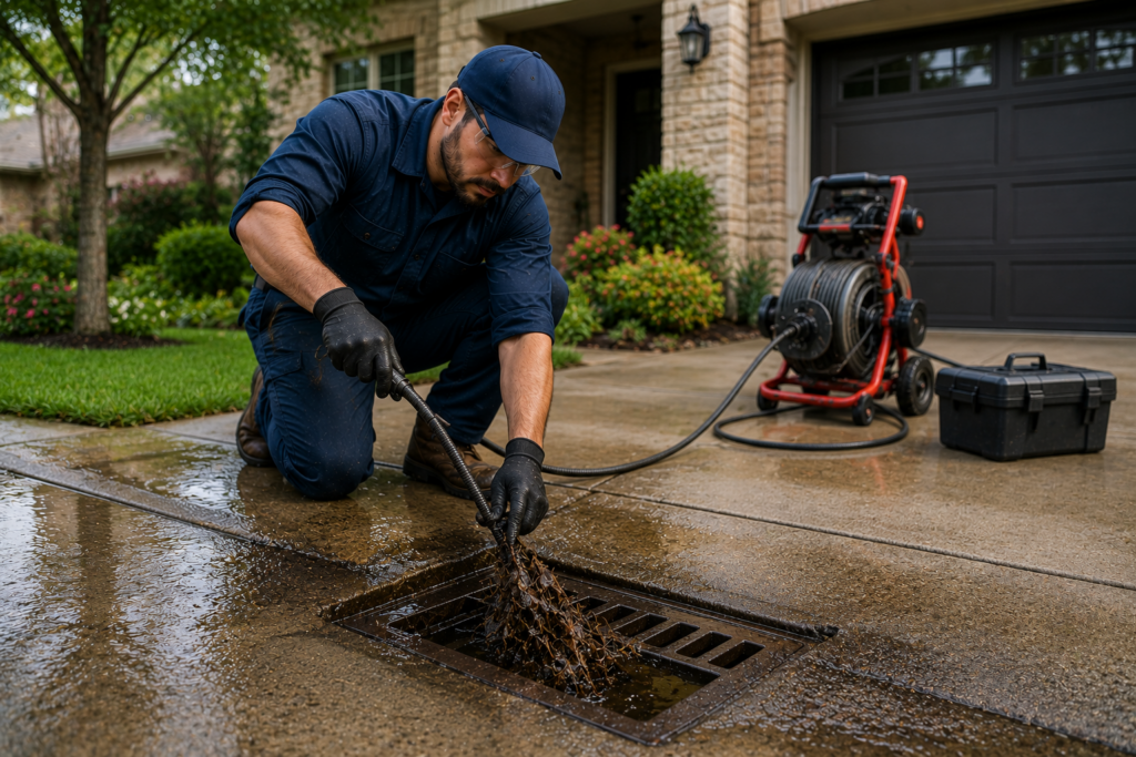 Professional plumber cleaning a driveway drain outside a residential home, removing debris and buildup from an outdoor drainage system with specialized drain cleaning equipment.