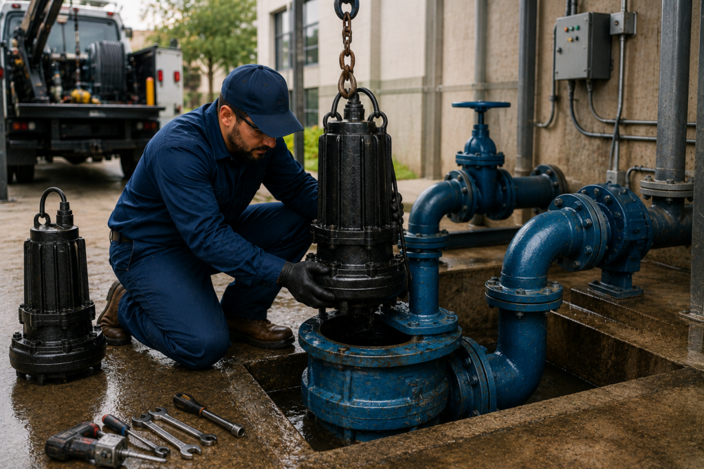 Commercial plumber repairing and replacing a large pump system, working with pipes, valves, tools, and mechanical equipment near a commercial building with a service truck in the background.