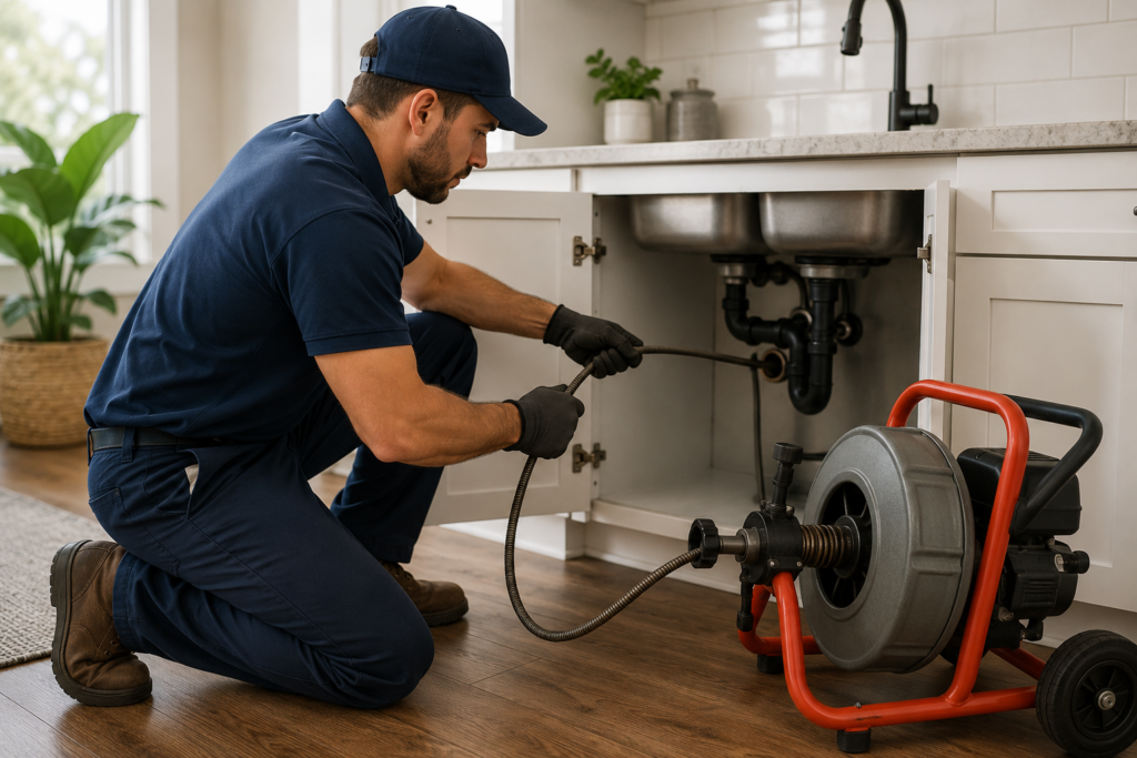 Professional plumber using a drain cleaning machine to clear clogged pipes under a kitchen sink, providing fast and reliable drain repair service.