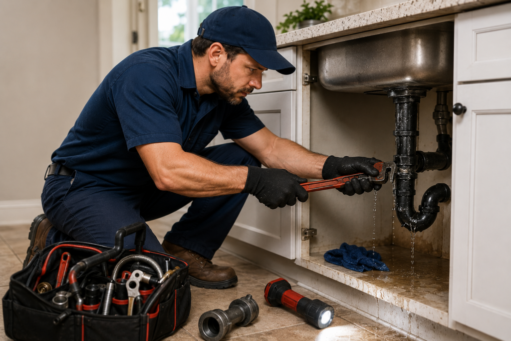 Professional plumber repairing a leaking drain pipe under a kitchen sink using a wrench, with plumbing tools and repair equipment nearby.