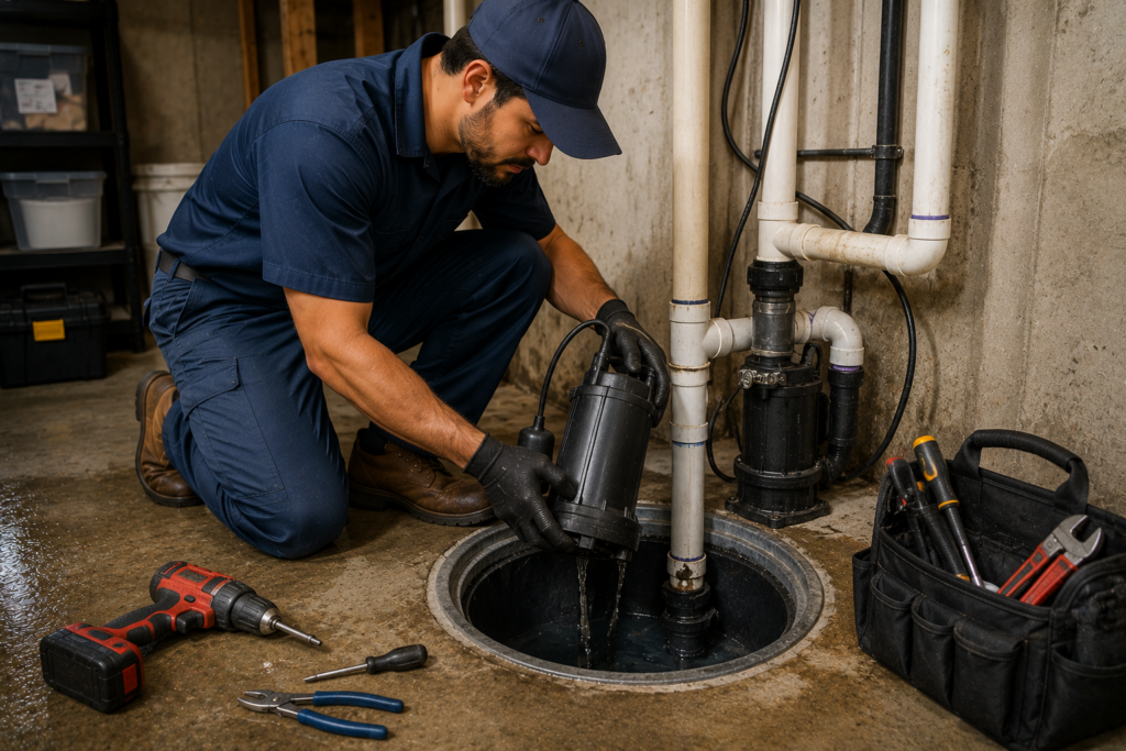 Professional plumber repairing or replacing a sump pump in a basement utility area, using plumbing tools and equipment to prevent water damage and keep the home dry.