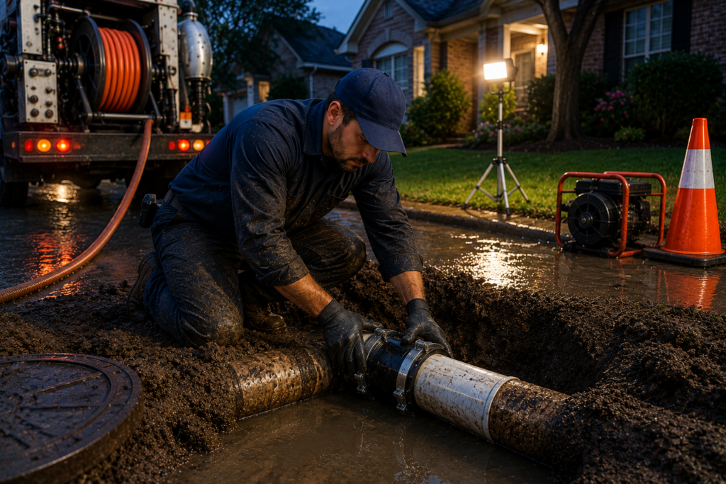 Emergency plumber repairing a damaged sewer line at night, working in a trench with replacement pipes, repair tools, and service equipment near a residential property.