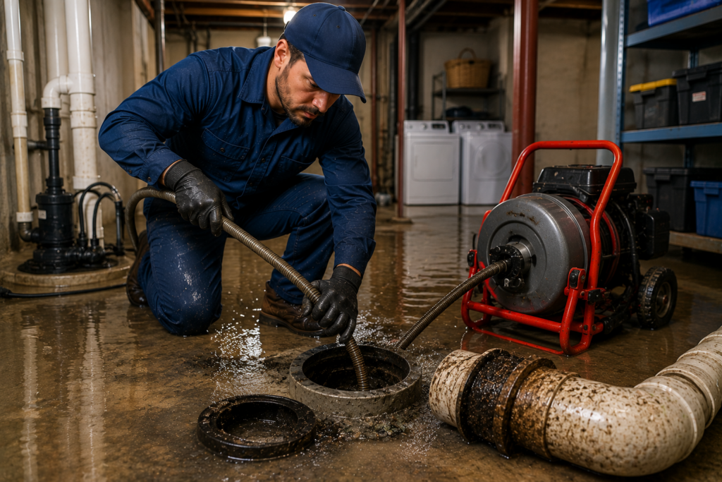 Professional plumber repairing a sewer backup issue in a flooded basement, using drain cleaning equipment to clear blocked pipes with water damage and plumbing tools nearby.