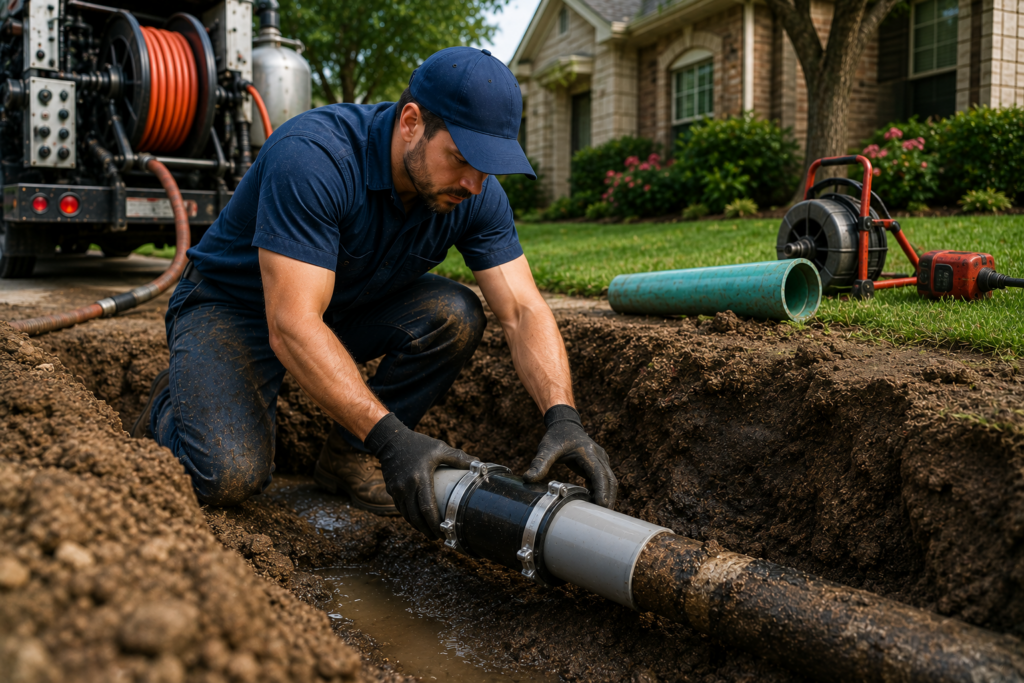 Professional plumber repairing a damaged sewer line in a residential yard, replacing broken underground pipes with repair tools and equipment nearby.