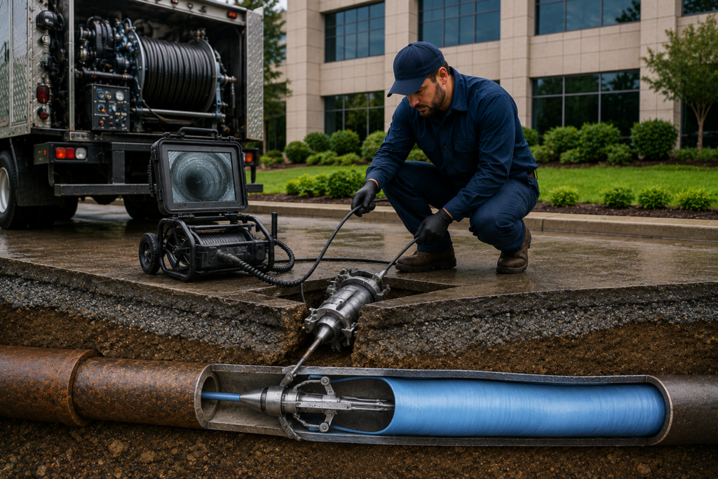 Commercial plumber performing trenchless sewer repair using specialized pipe inspection and lining equipment, with a service truck, access point, and underground pipe rehabilitation system visible near a commercial building.