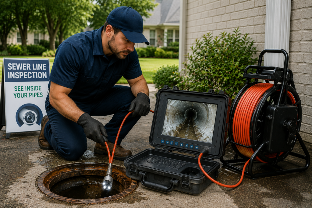 Professional plumber performing a sewer line inspection outside a home, using a camera system to view inside underground pipes with a monitor and inspection equipment nearby.