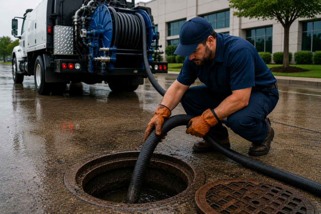 Commercial plumber cleaning a sewer line using a large vacuum hose at an open manhole, with a service truck, wet pavement, and a commercial building in the background.