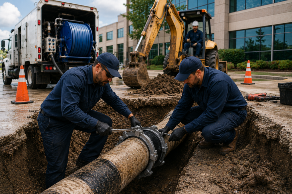 Commercial plumbers repairing a sewer pipe in an underground trench, using tools and equipment with an excavator, service truck, safety cones, and commercial building in the background.