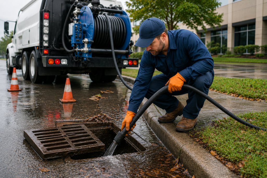 Storm drain cleaning technician using a high-pressure hose to clear a clogged street drain, with a service truck, safety cones, wet pavement, and a commercial building in the background.