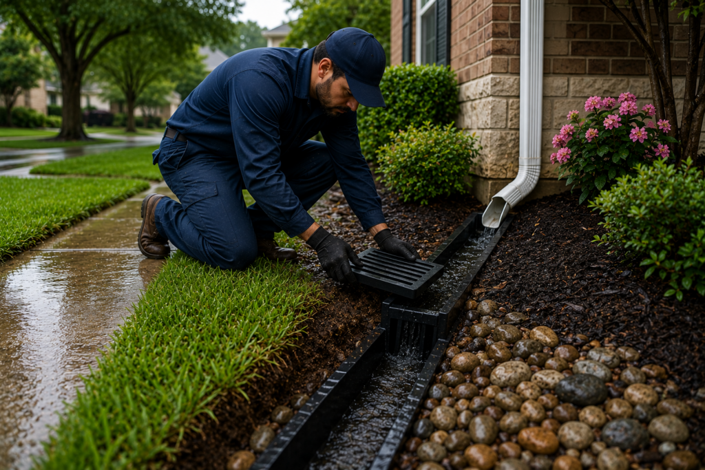 Professional plumber installing an exterior drainage system beside a residential home, clearing standing water with a channel drain and drainage equipment in a landscaped yard.