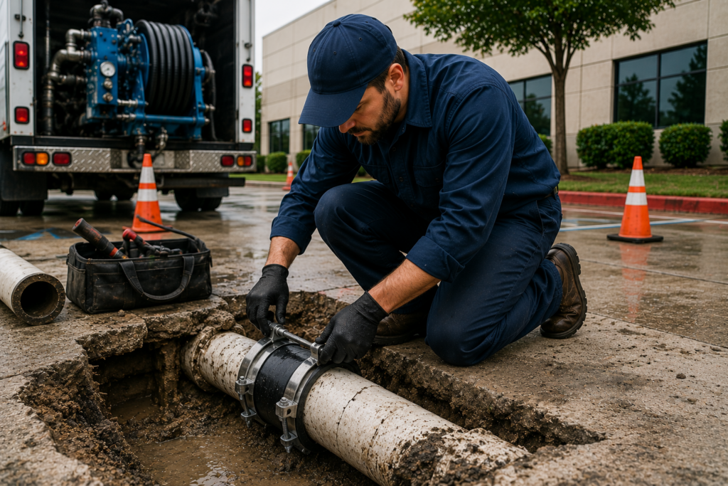 Commercial plumber repairing an underground drain pipe in a work trench, using tools and a pipe clamp with a service truck, safety cones, and commercial building in the background.